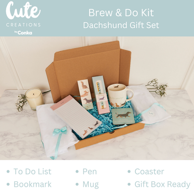 Dachshund 'Brew & Do' Gift Set - Mug, Coaster, To Do List, Bookmark & Pen