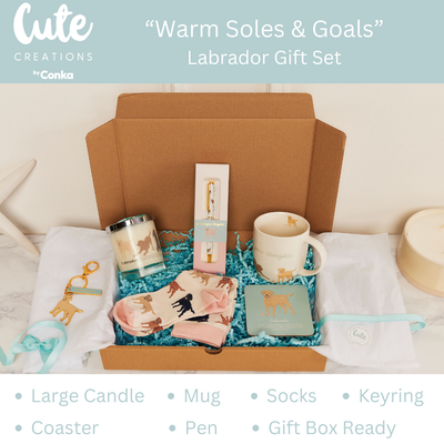 Labrador 'Warm Soles & Goals' Gift Set - Socks, Large Candle, Coaster, Mug, Pen, Keyring