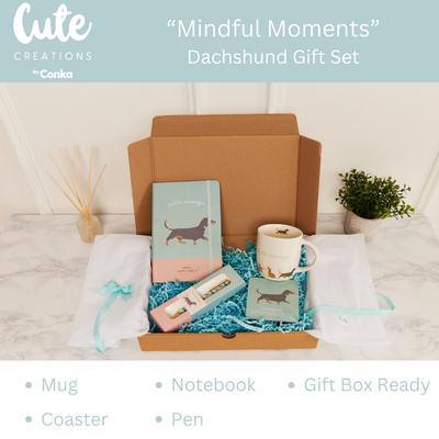 Dachshund 'Mindful Moments' Gift Set - Mug, Coaster, Notebook & Pen